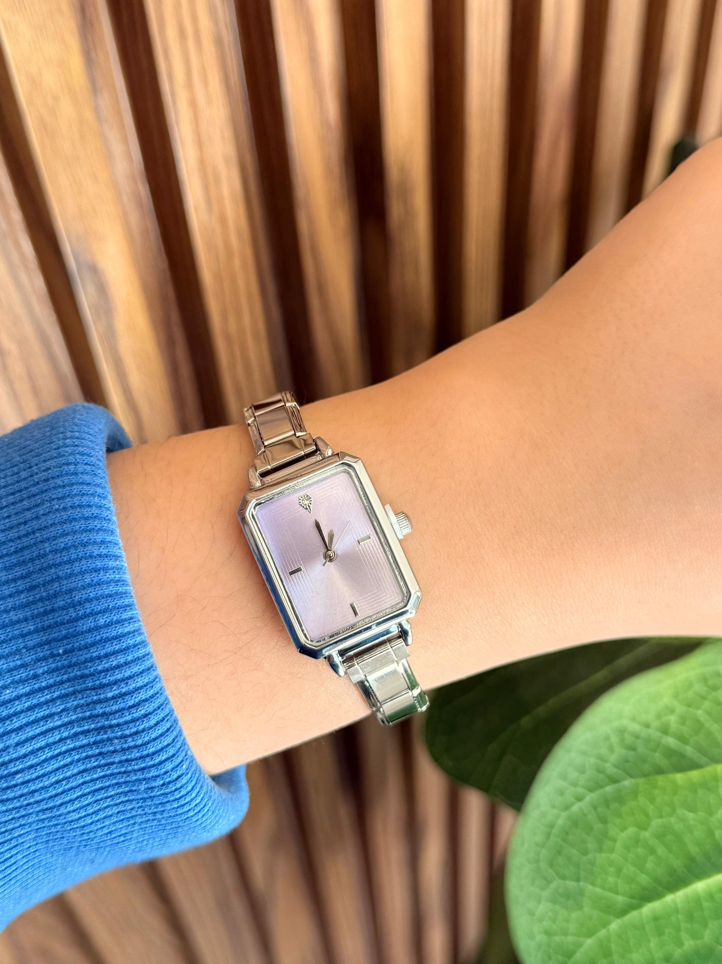 Reloj rectangular lila plateado 3 lineas #H9