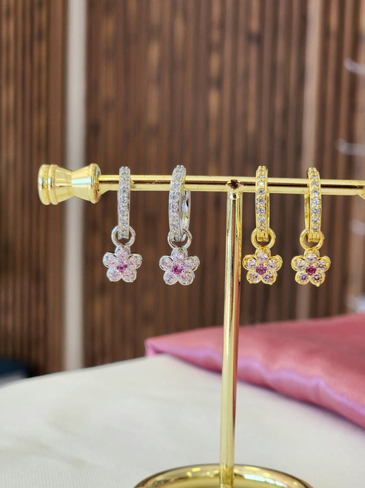 Aretes flor 5 petalos zirconia rosa #A0.3