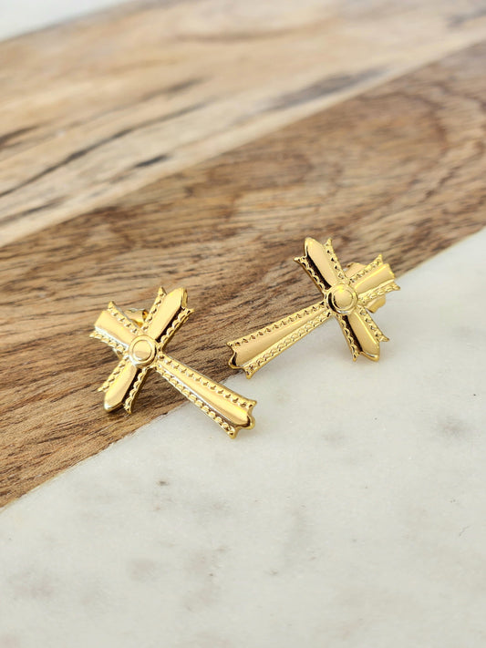 Aretes cruz dorado bordeado #J14