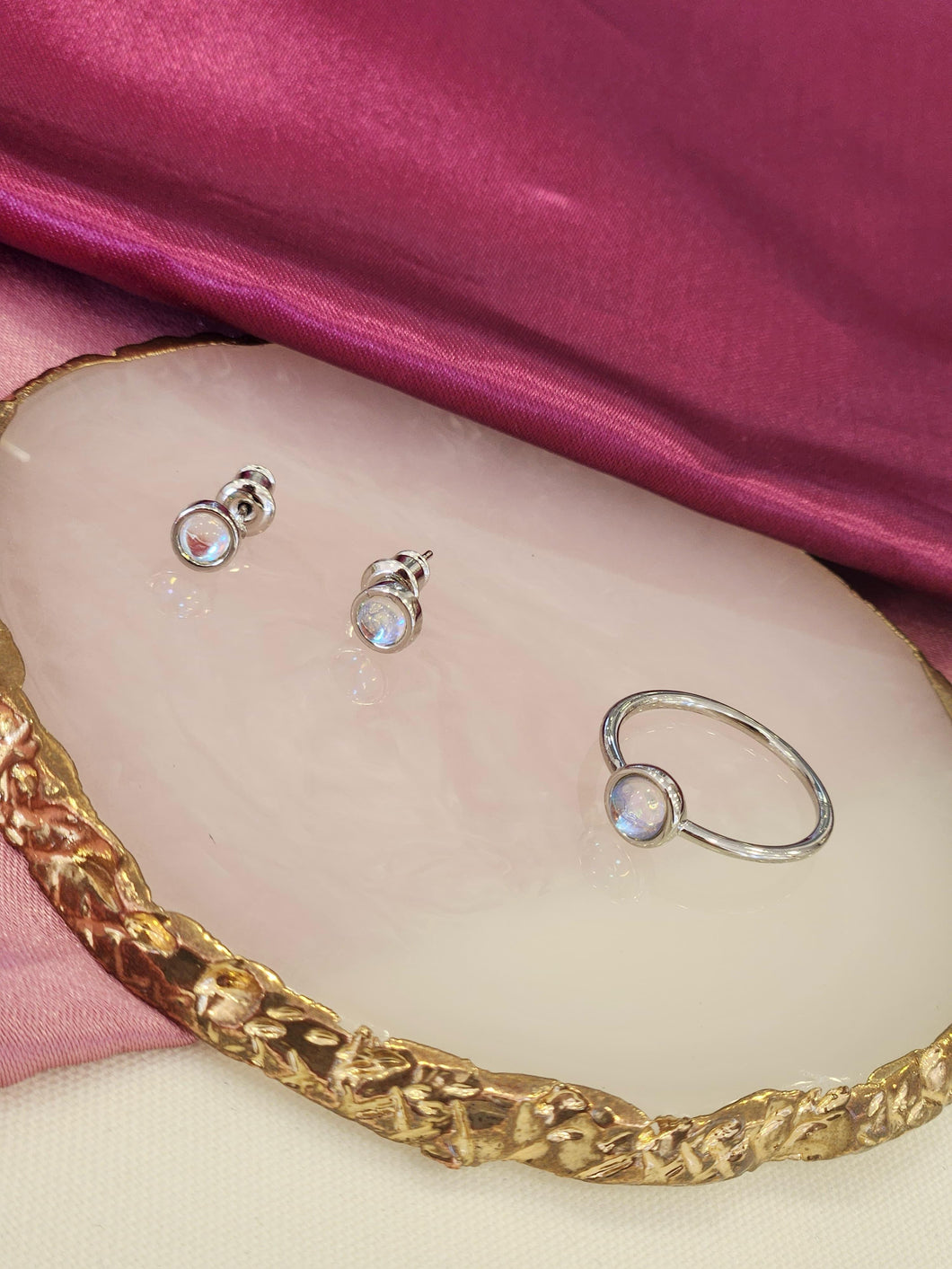 Juego/set aretes y anillo zirconia redonda plateado #51