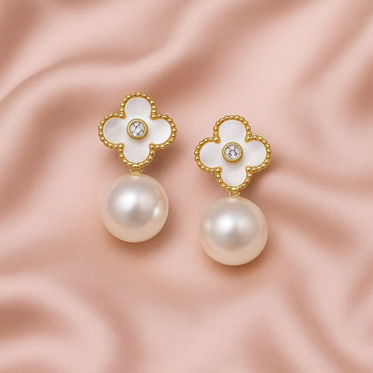 Aretes trebol blanco perla colgante #A15.2