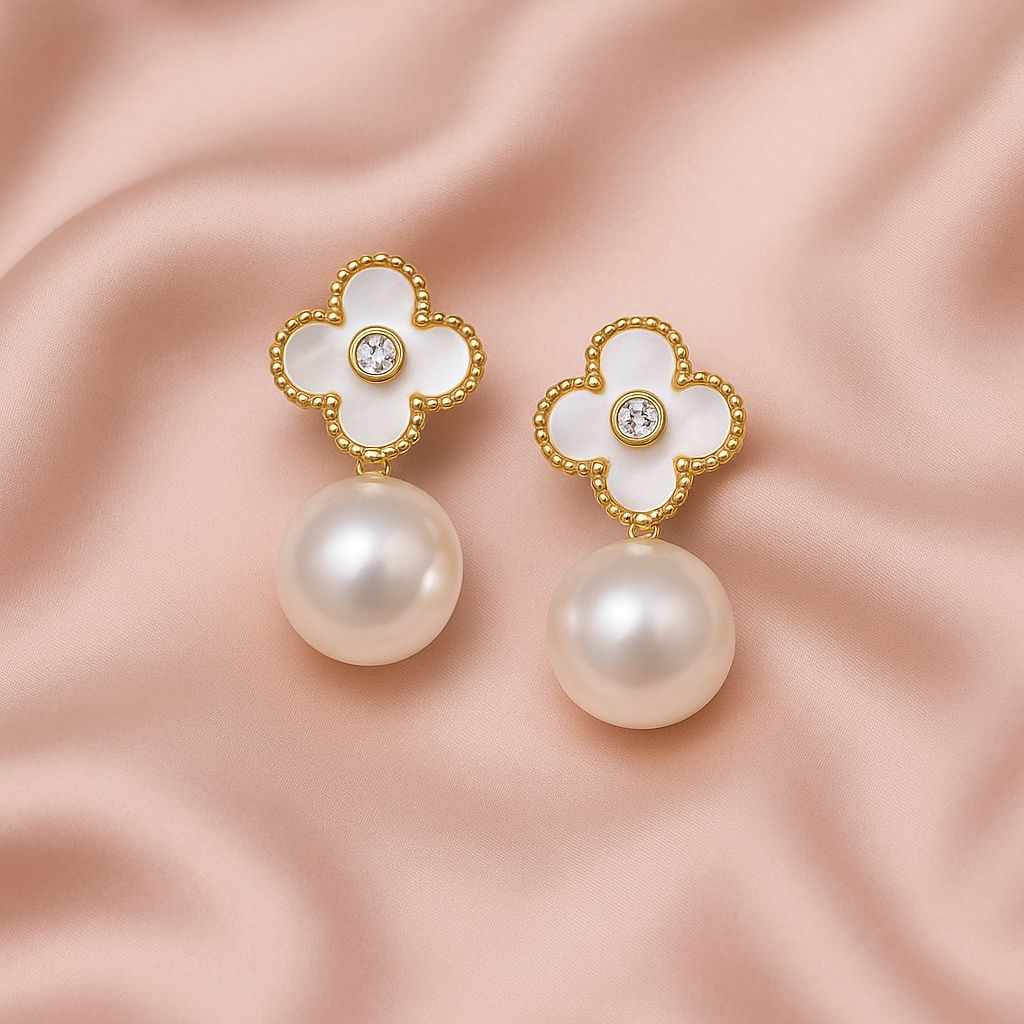 Aretes trebol blanco perla colgante #A15.2