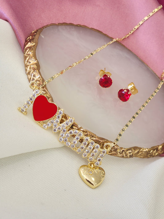 Set collar y aretes yo amo a mami con corazones colgante #C202