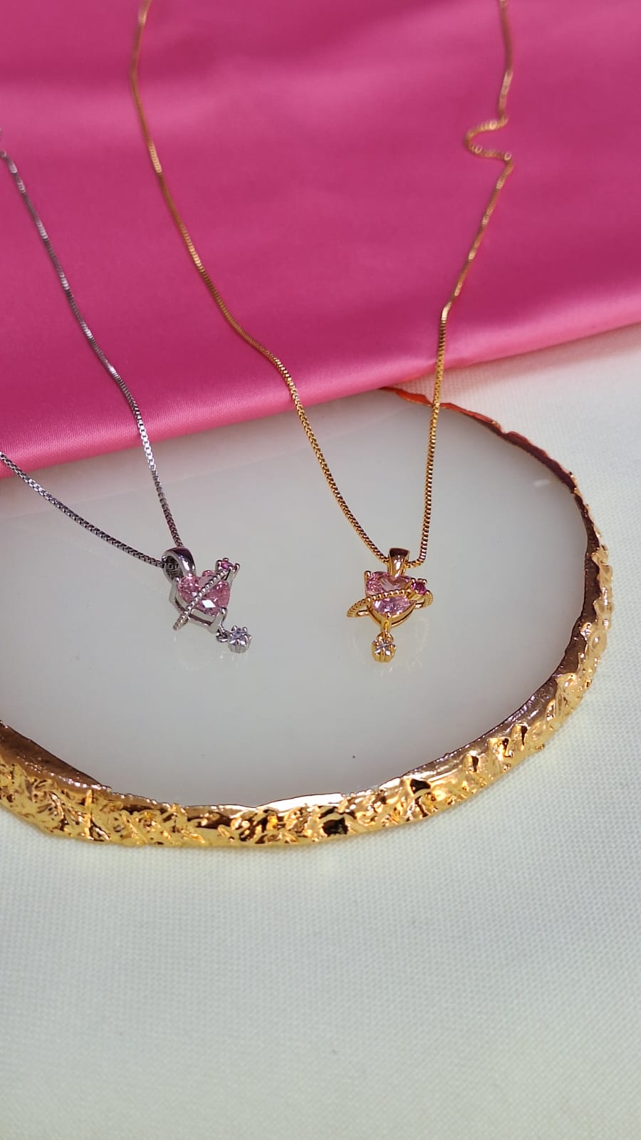 Collar corazon rosa orbita zirconia colgante dorado/plateado #HH10