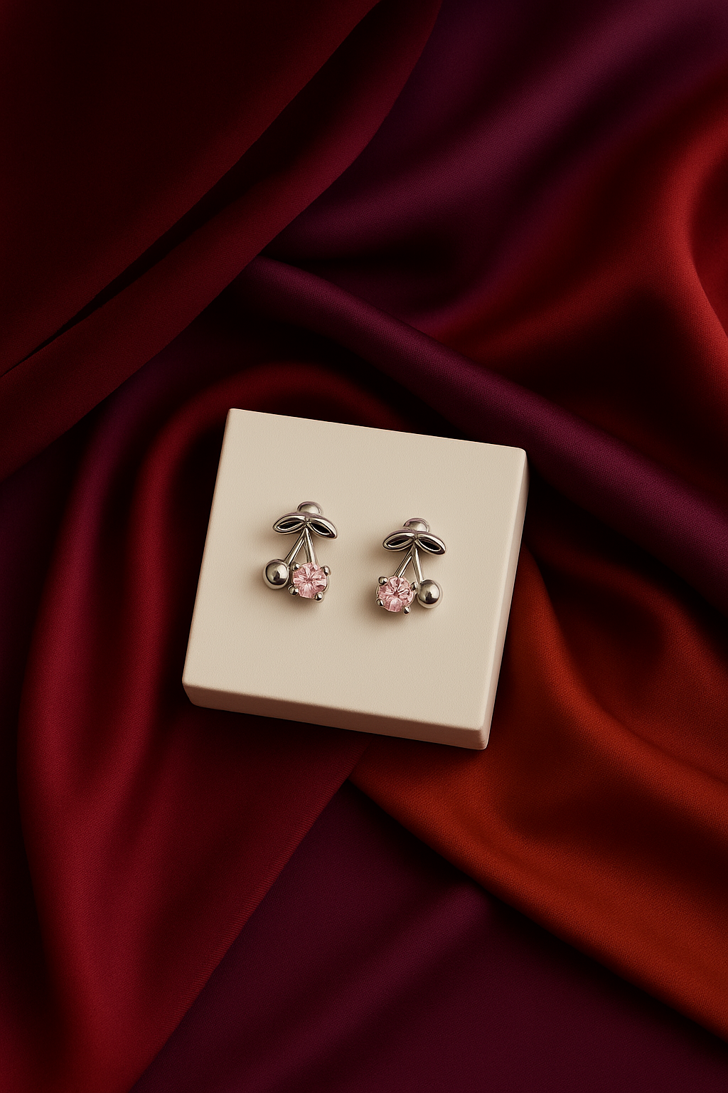 Arete cereza rosa y plateado #A0.1