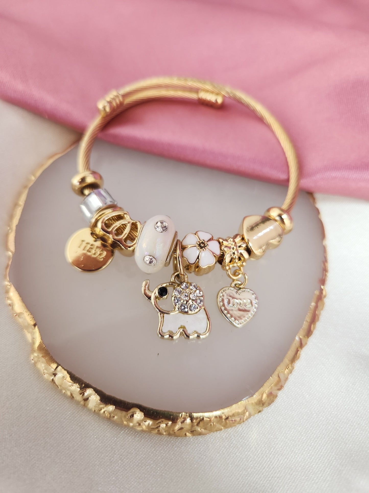 Pulsera tipo Pandora con charms dorada elefante #A24.2