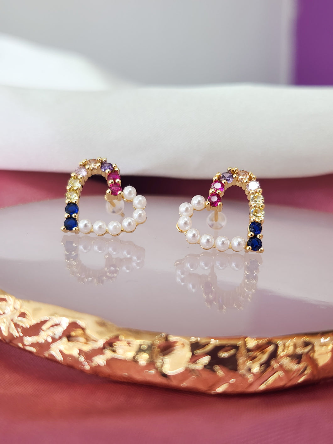 Aretes corazon perlas zirconia colores #00