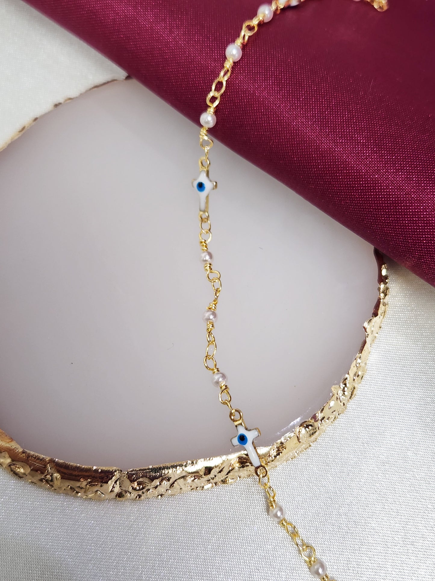 Tobillera cruces con ojo y perlas #M2.1