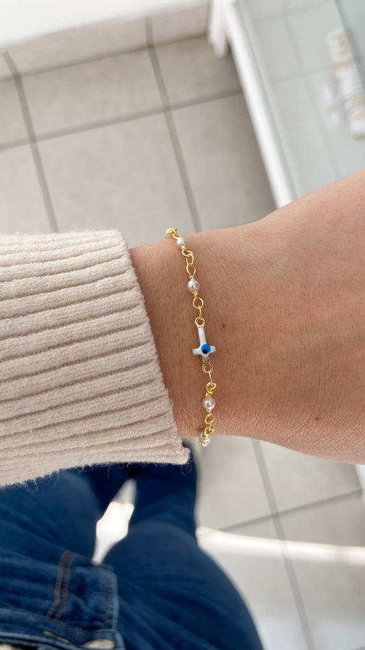 Pulsera cruces con ojo y perlas #M1