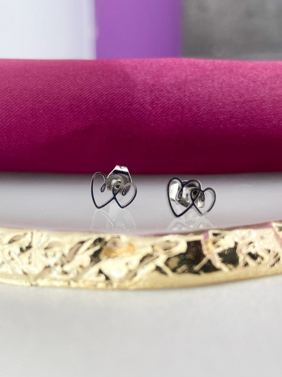 Aretes broquel corazon doble plateado #14.1
