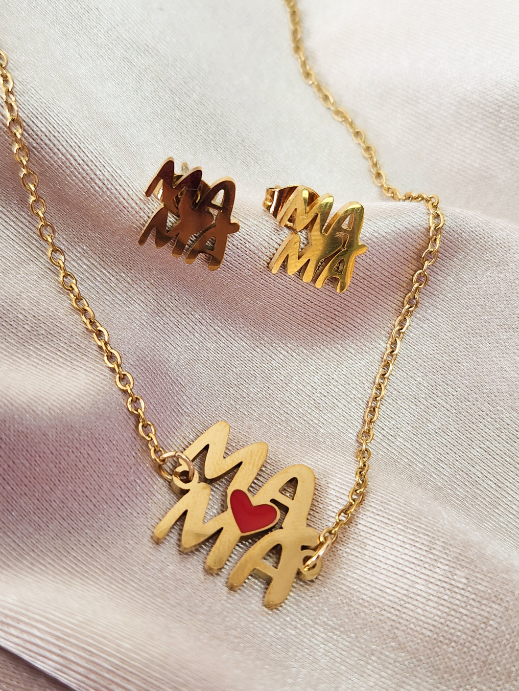 Collar y aretes mama corazon rojo dorado acero  #1