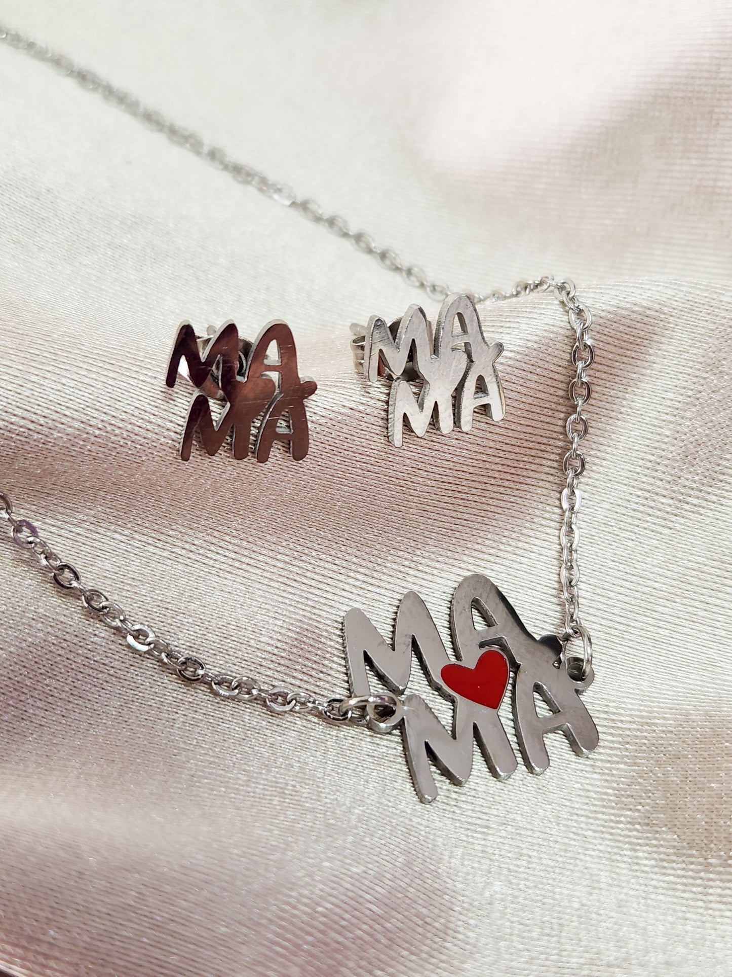 Collar y aretes mama corazon rojo plateado acero #6