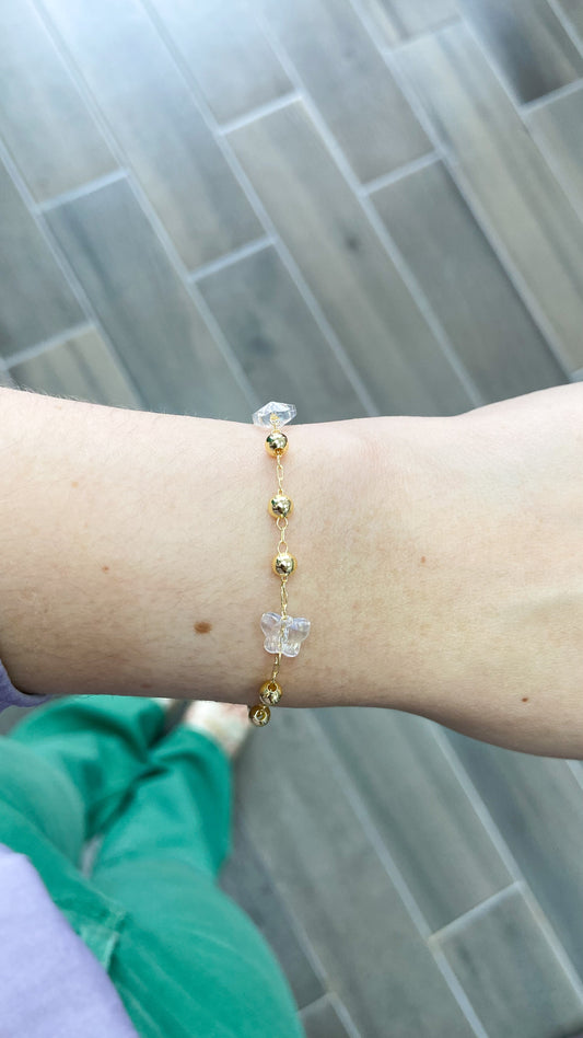 Pulsera mariposa Swarosky bolitas doradas #M18