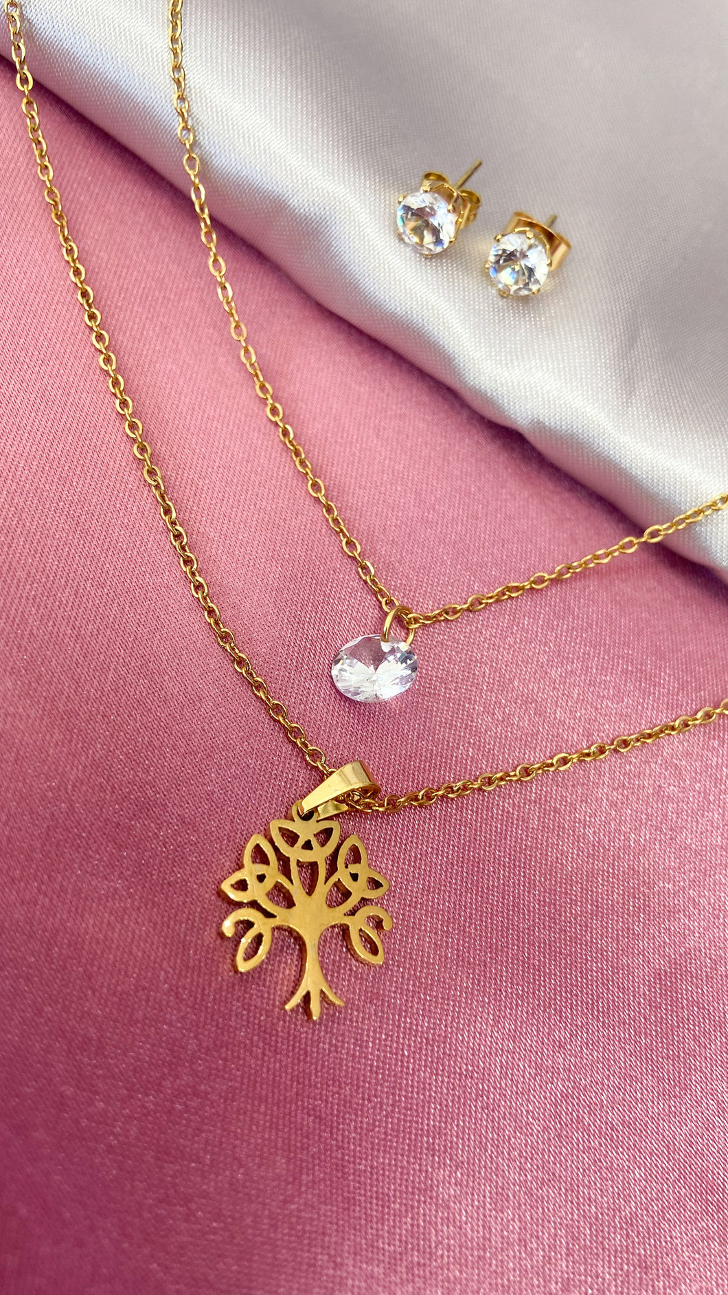 Collar y aretes doble arbol de la vida acero con piedras de Zirconia  #17