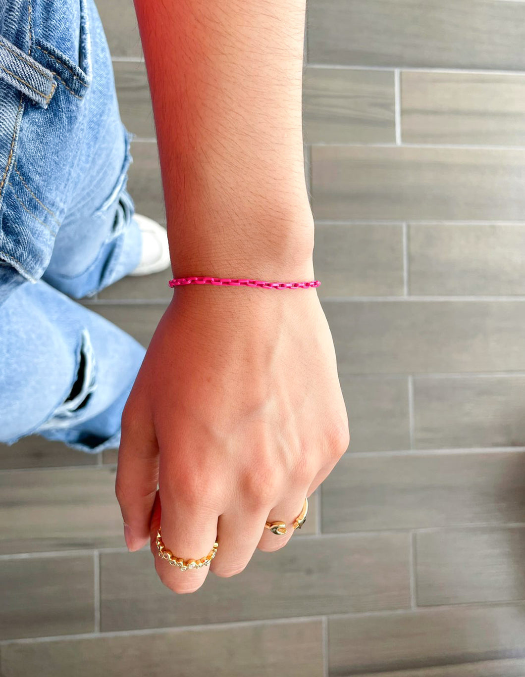 Pulsera eslabones cuadrados rosa