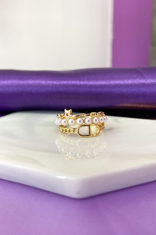 Anillo triple estrella, perla , cadena #102A