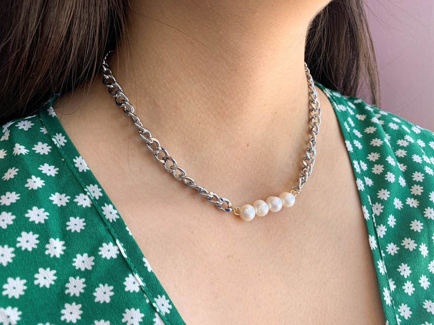 Collar Perlas eslabones Plata
