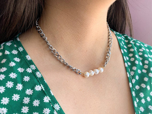 Collar Perlas eslabones Plata