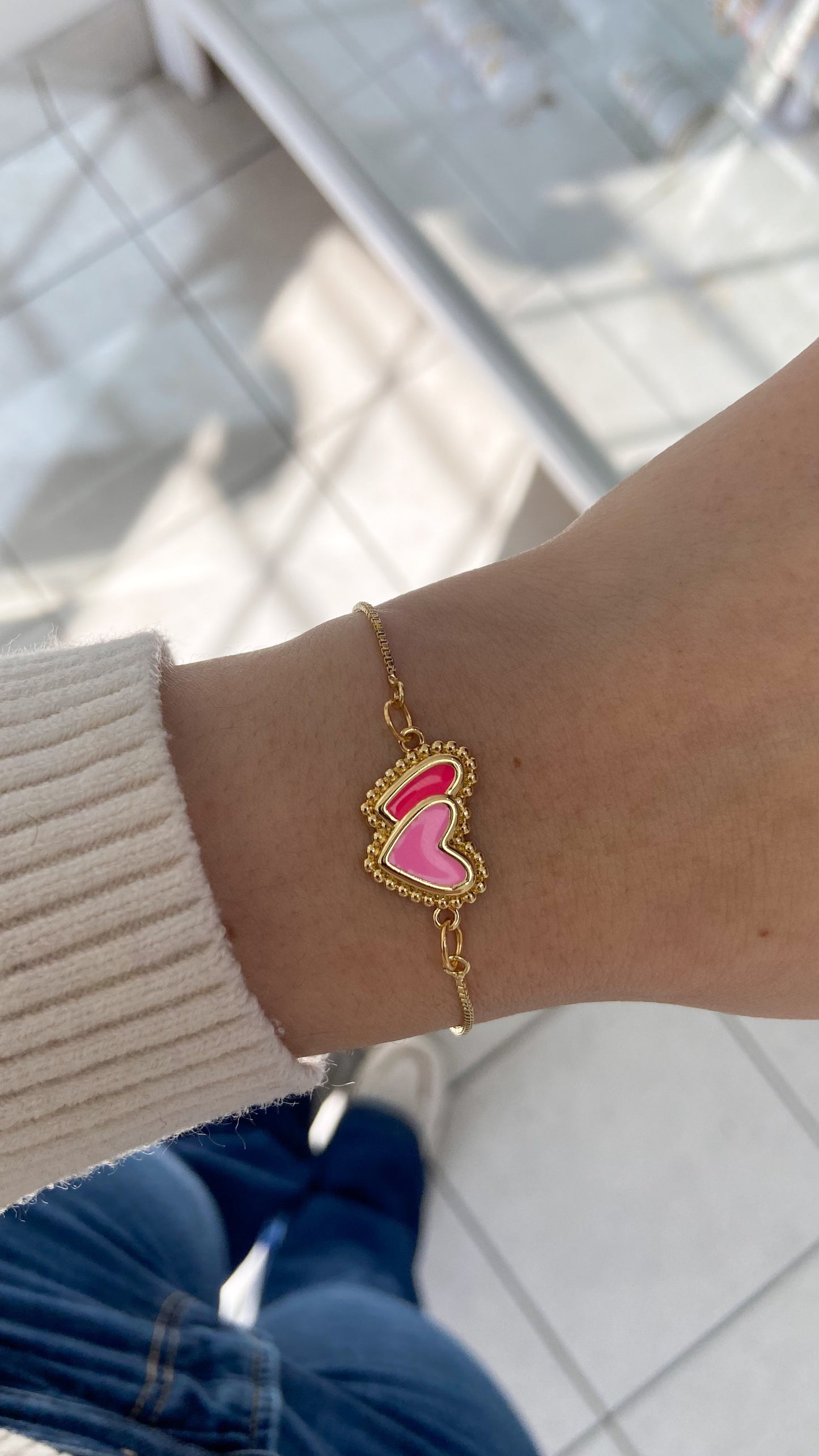 Pulsera doble corazon rosa puntos #KK2