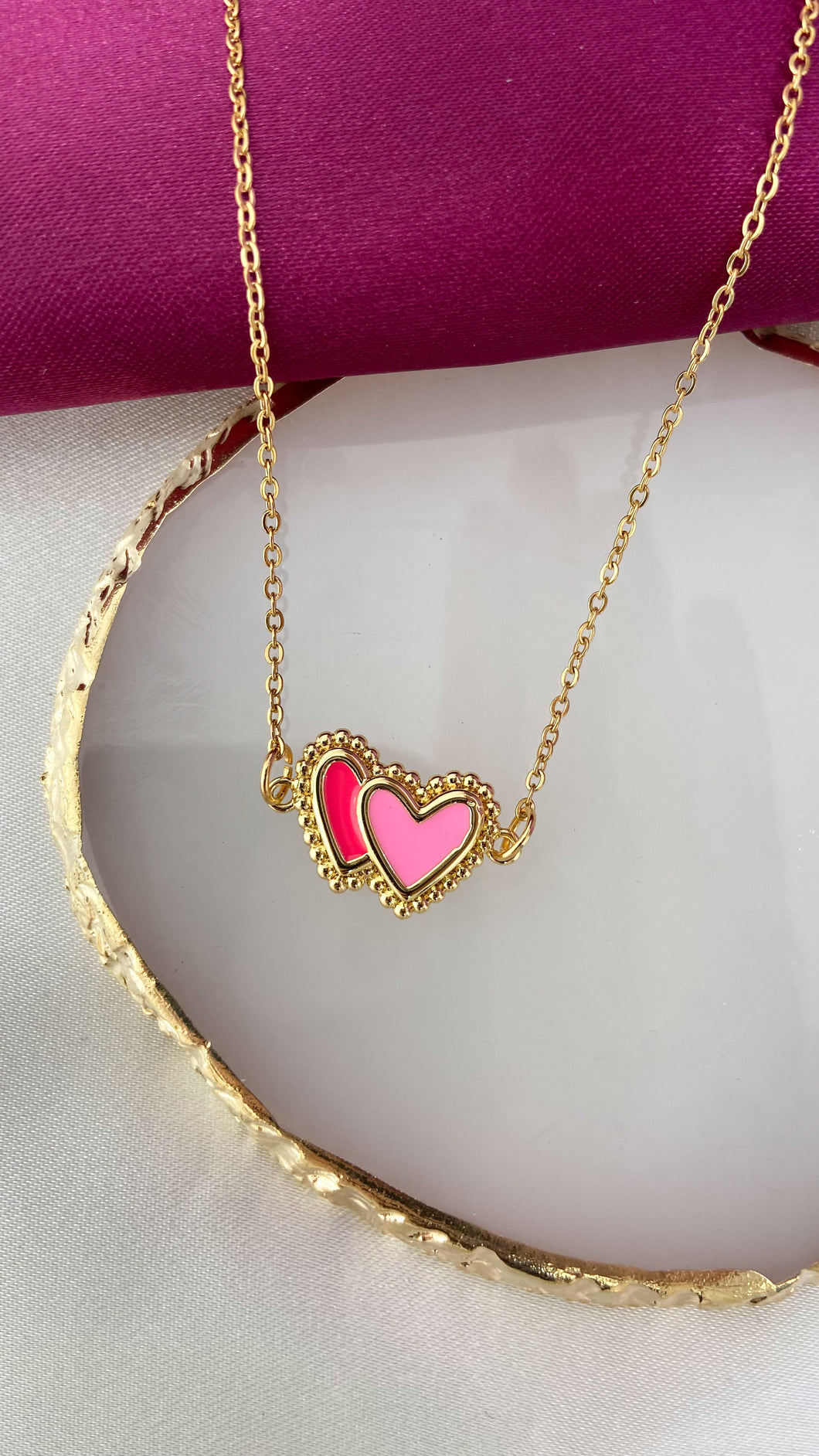 Collar doble corazon rosa puntos #KK2